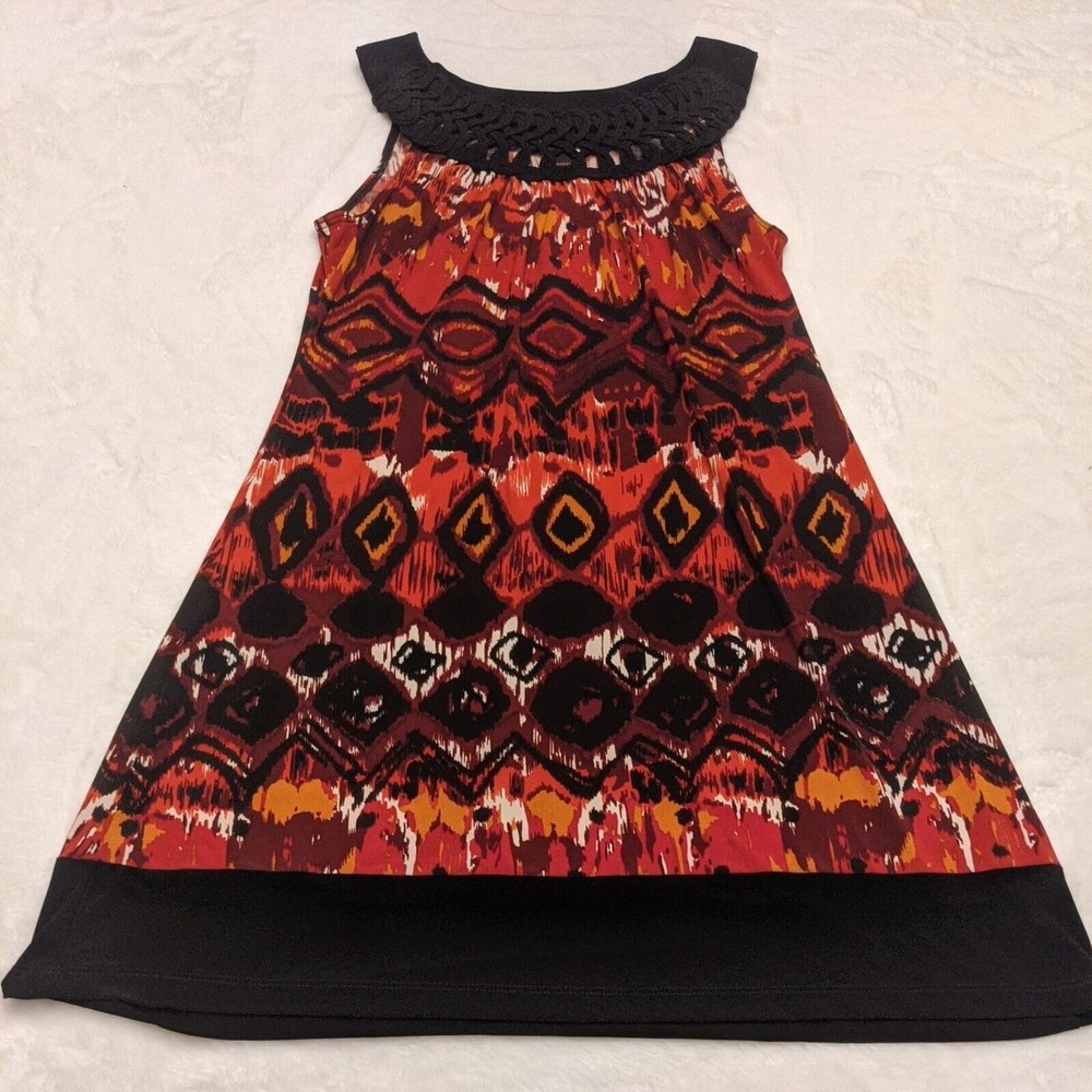 Wrapper Long Blouse Size Medium Sleeveless Red Black Geometric Black Trim